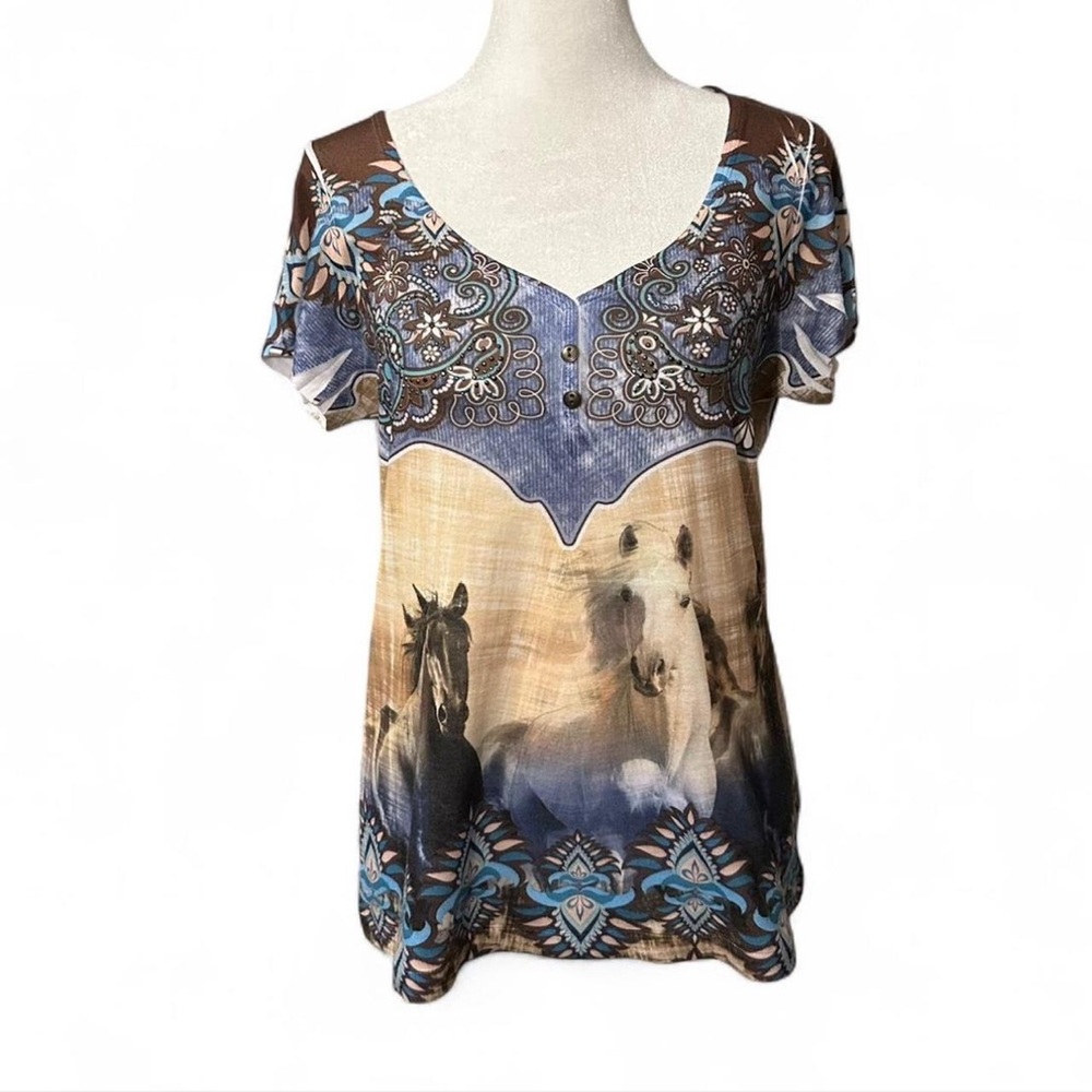 Live and Let Live M Brown and Blue Horse Print Tee With Rhinestones